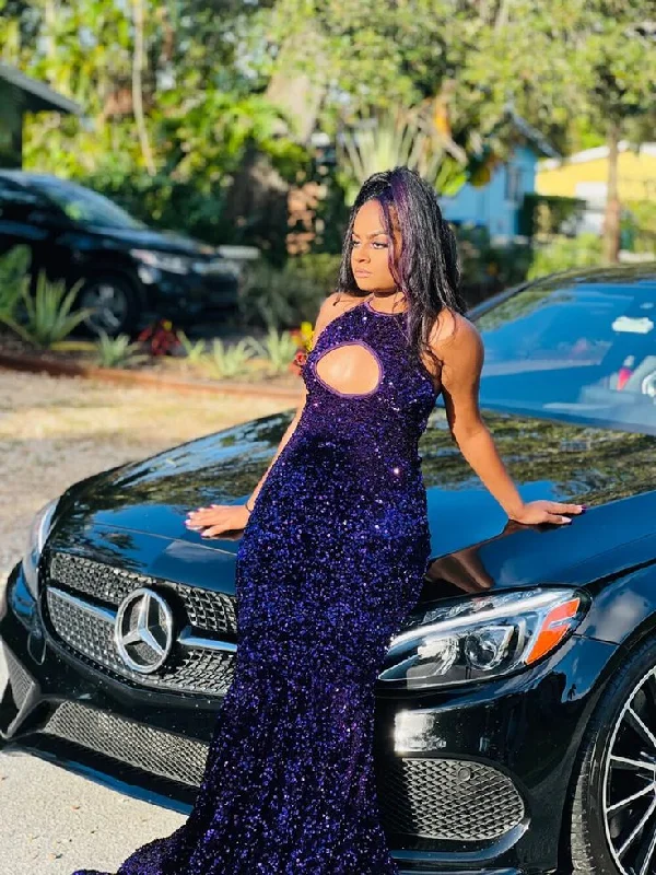 prom dresses for curve-hugging figuresSexy Mermaid Style Real Sample Cut Out Sparkly Purple Sequined Black Girls Elegant Long Prom Dresses           S3869