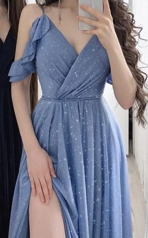 prom dresses with sequin detailingSpaghetti Straps A Line Blue Prom Dress With Split        S3857