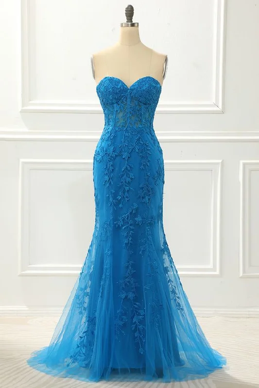 prom dresses with illusion panelsStrapless Mermaid Prom Dress with Appliques     S5096