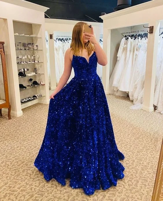 fitted prom dressesStunning Ball Gown V Neck Royal Blue Sequins Long Prom Dresses     S3720