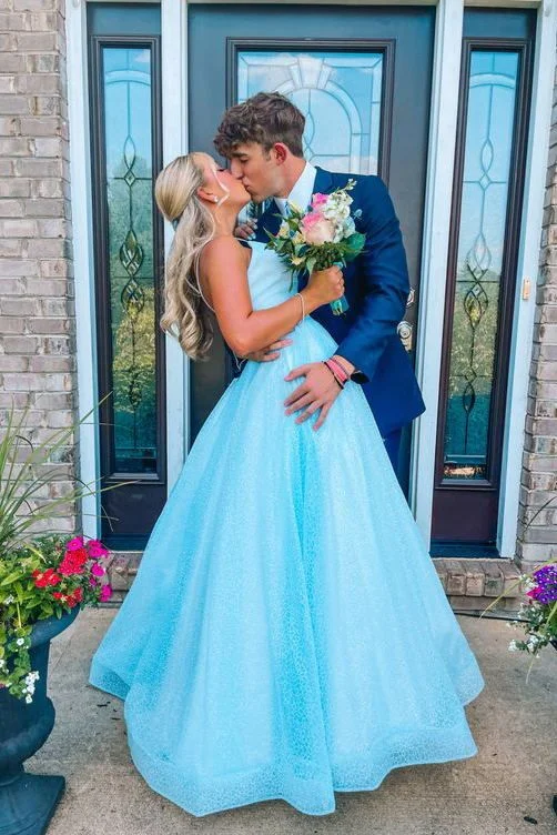 mini prom dressesStunning Sky Blue Sparkly Long Prom Dresses, Spaghetti Straps A-line Sequins Formal Gown      S3778