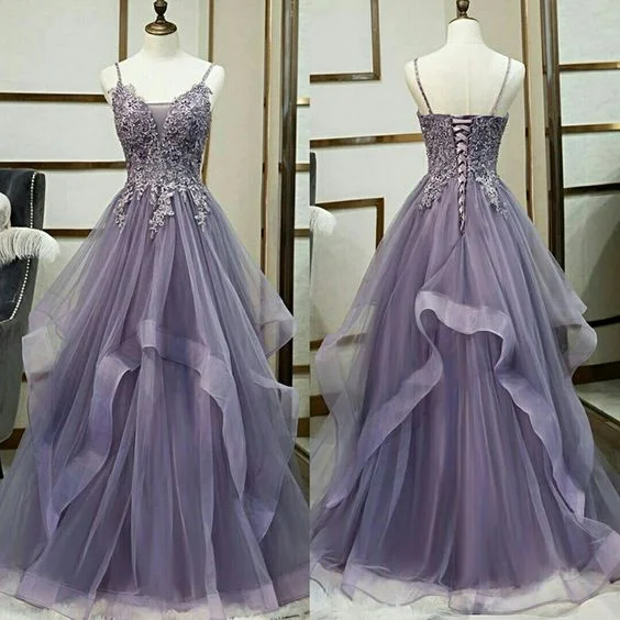 empire waist prom dressesUnique v neck tulle lace long prom dress tulle lace formal dress     S4150