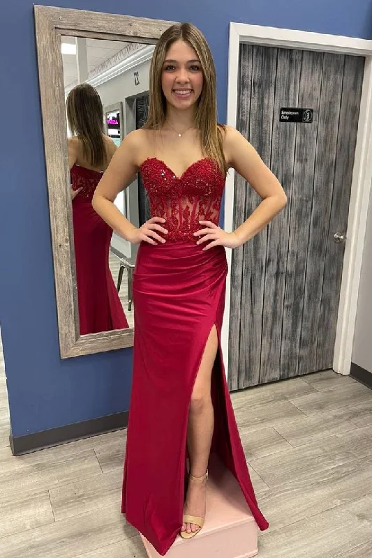 high-slit prom dressesWine Red Strapless Mermaid Appliques Long Prom Dress with Slit      S3875