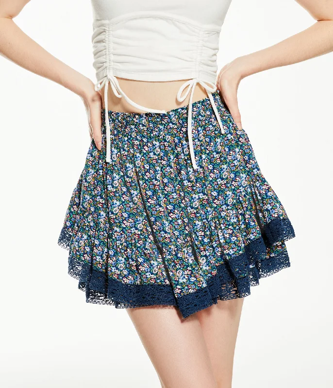 women's woven skirtsAeropostale Floral High-Waisted Flippy Lace-Trim Skirt