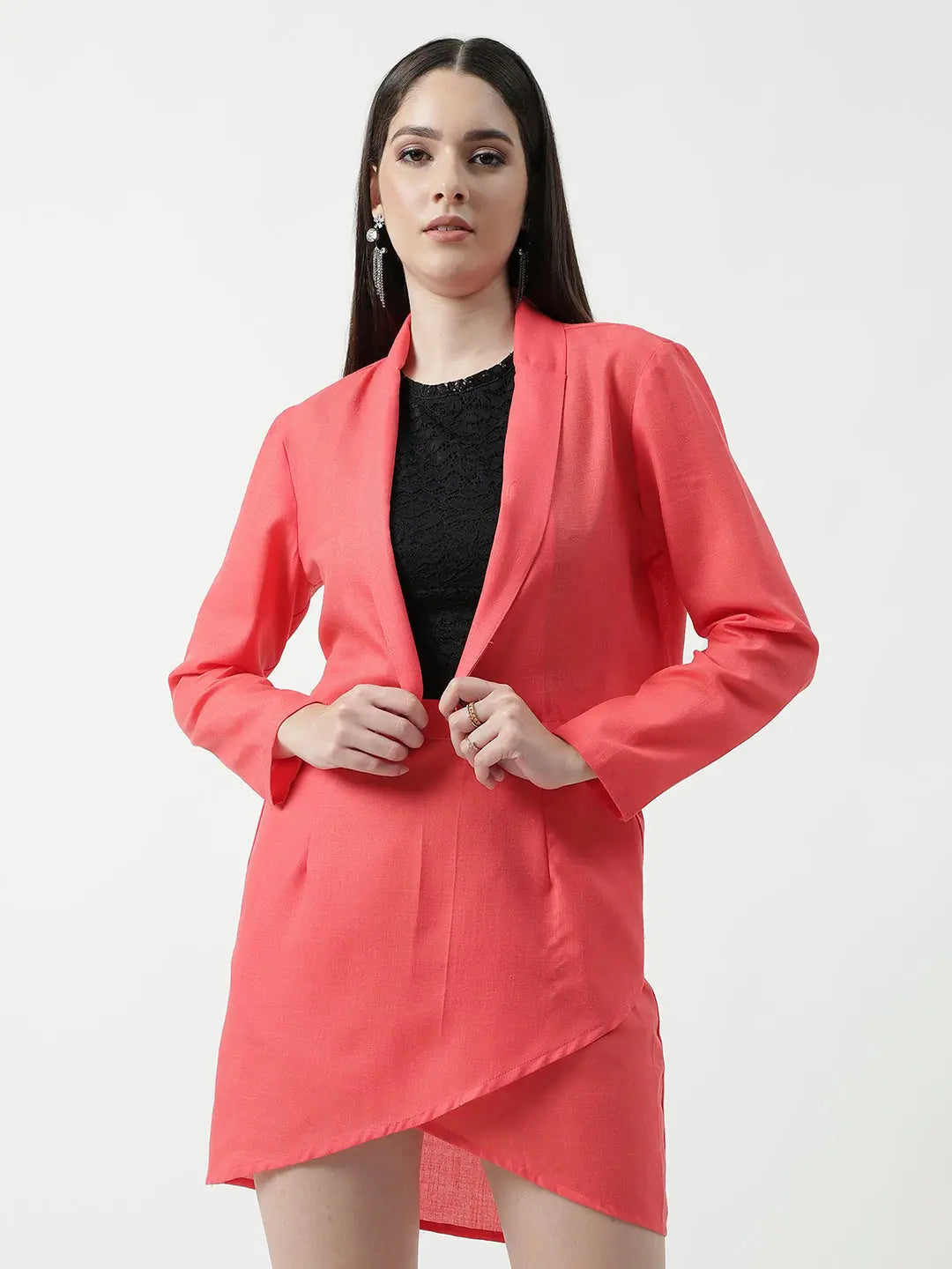 women's party skirtsBright Solid Blazer With Petal Design Skirt Set