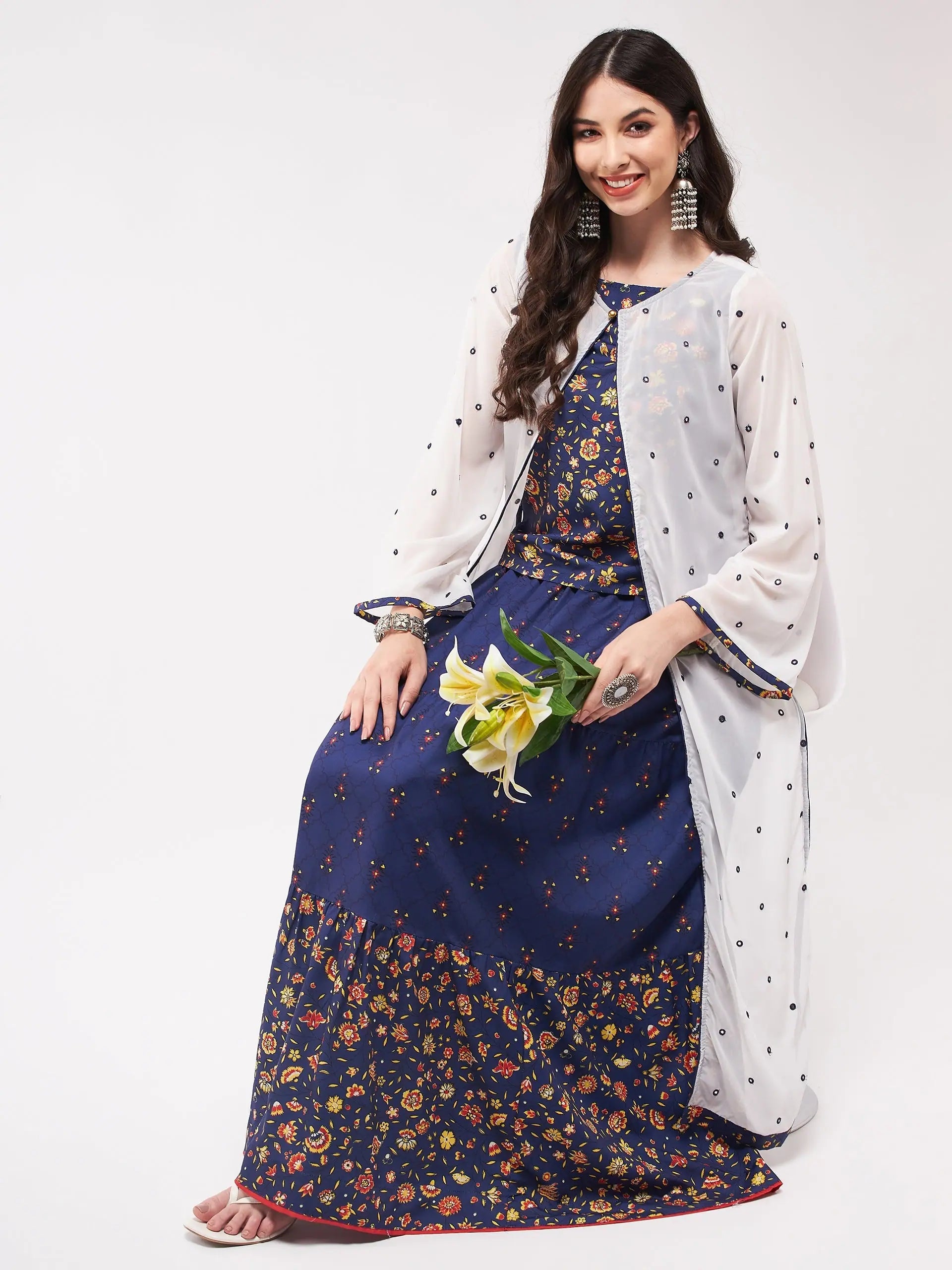 women's evening skirtsMughal Printed Top With Skirt And Embroidered Shrug-PKC10074NVY-S