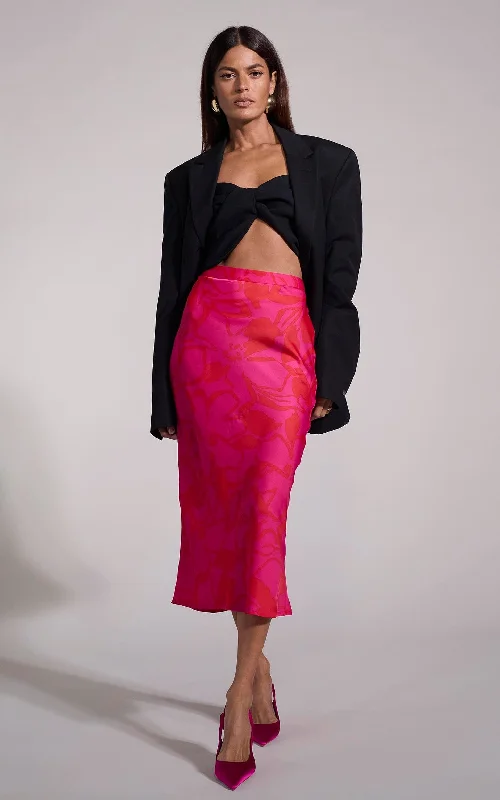 women's pencil pleat skirtsRenzo Skirt in Red on Pink Abstract Floral