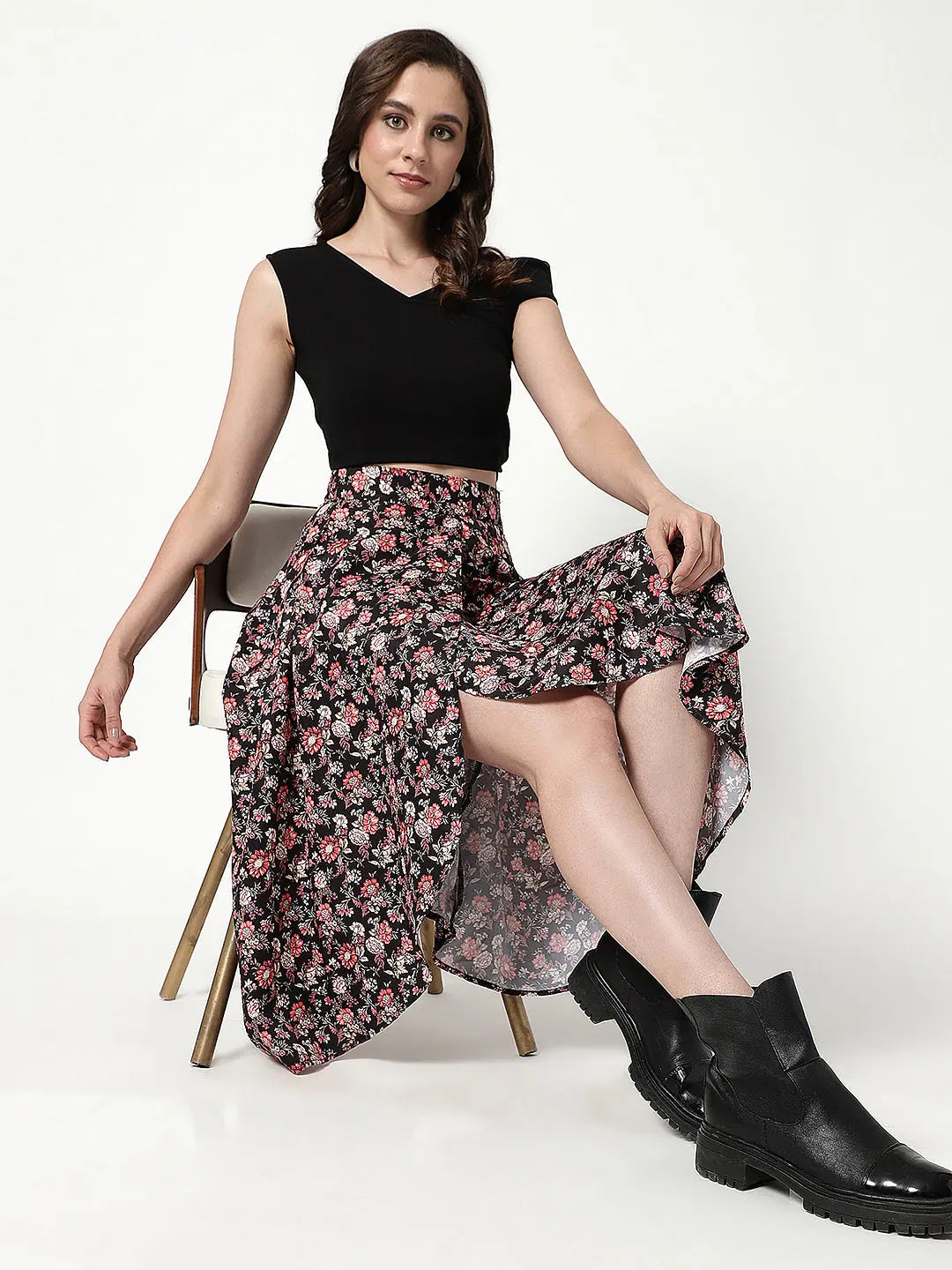 women's high-slit skirtsSolid Top With Floral Digital Printed Flared Skirt Set