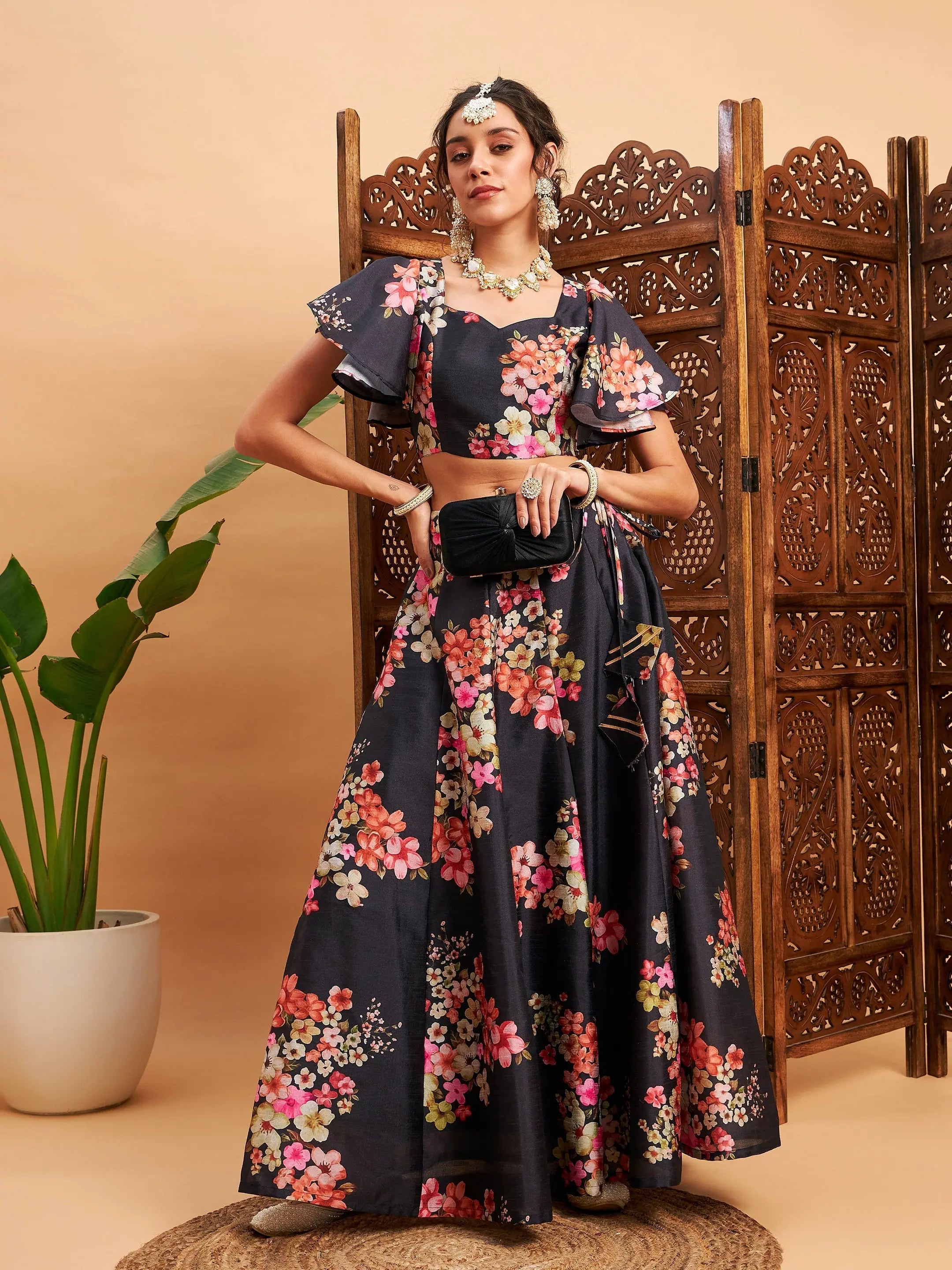 women's winter velvet skirtsWomen Black Floral Anarkali Skirt With Crop Top