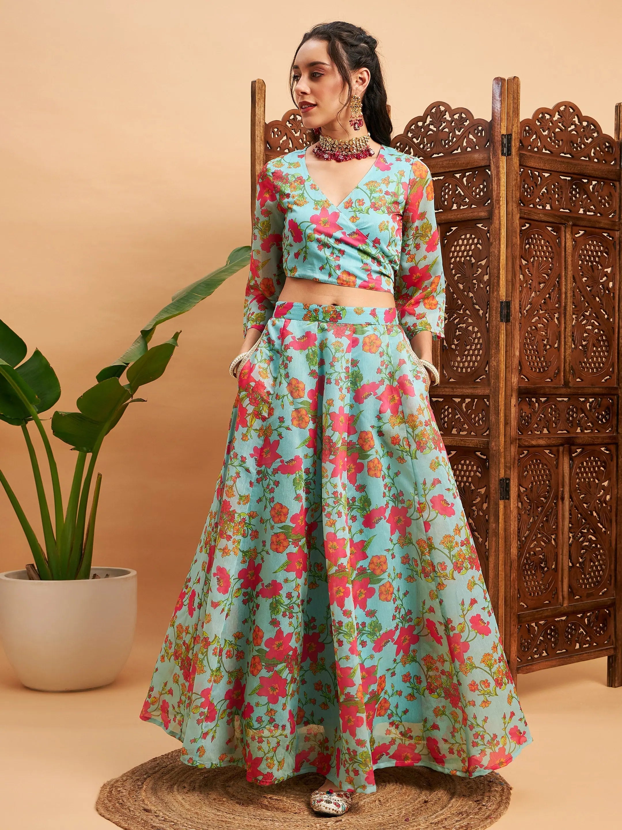 women's fall maxi skirtsWomen Blue Floral Anarkali Skirt With Wrap Crop Top