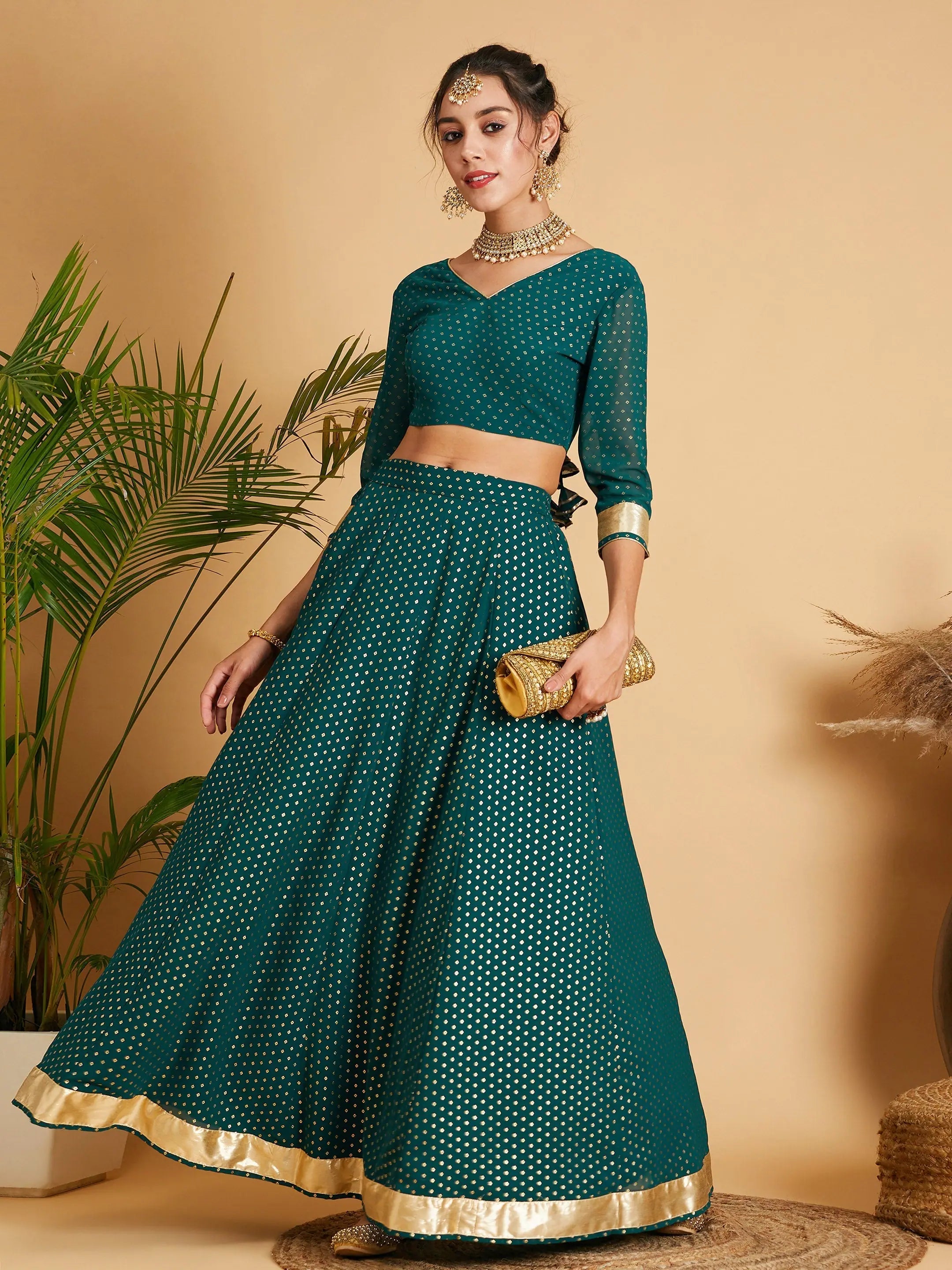 women's stretchy maxi skirts for dancingWomen Emerald Dot Foil Print Anarkali Skirt With Crop Top