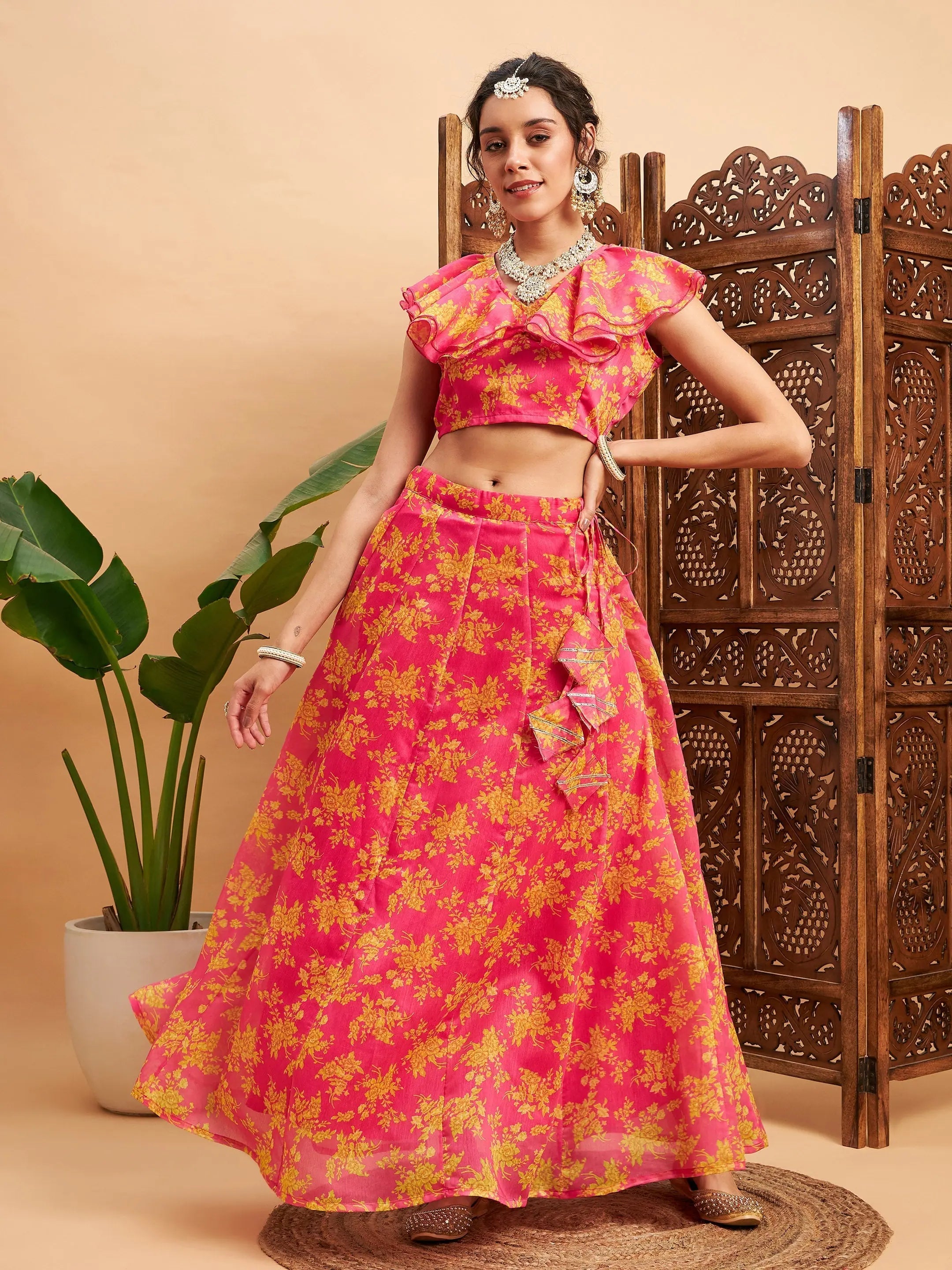 women's spring mini skirtsWomen Fuchsia Floral Anarkali Skirt With Frill Crop Top