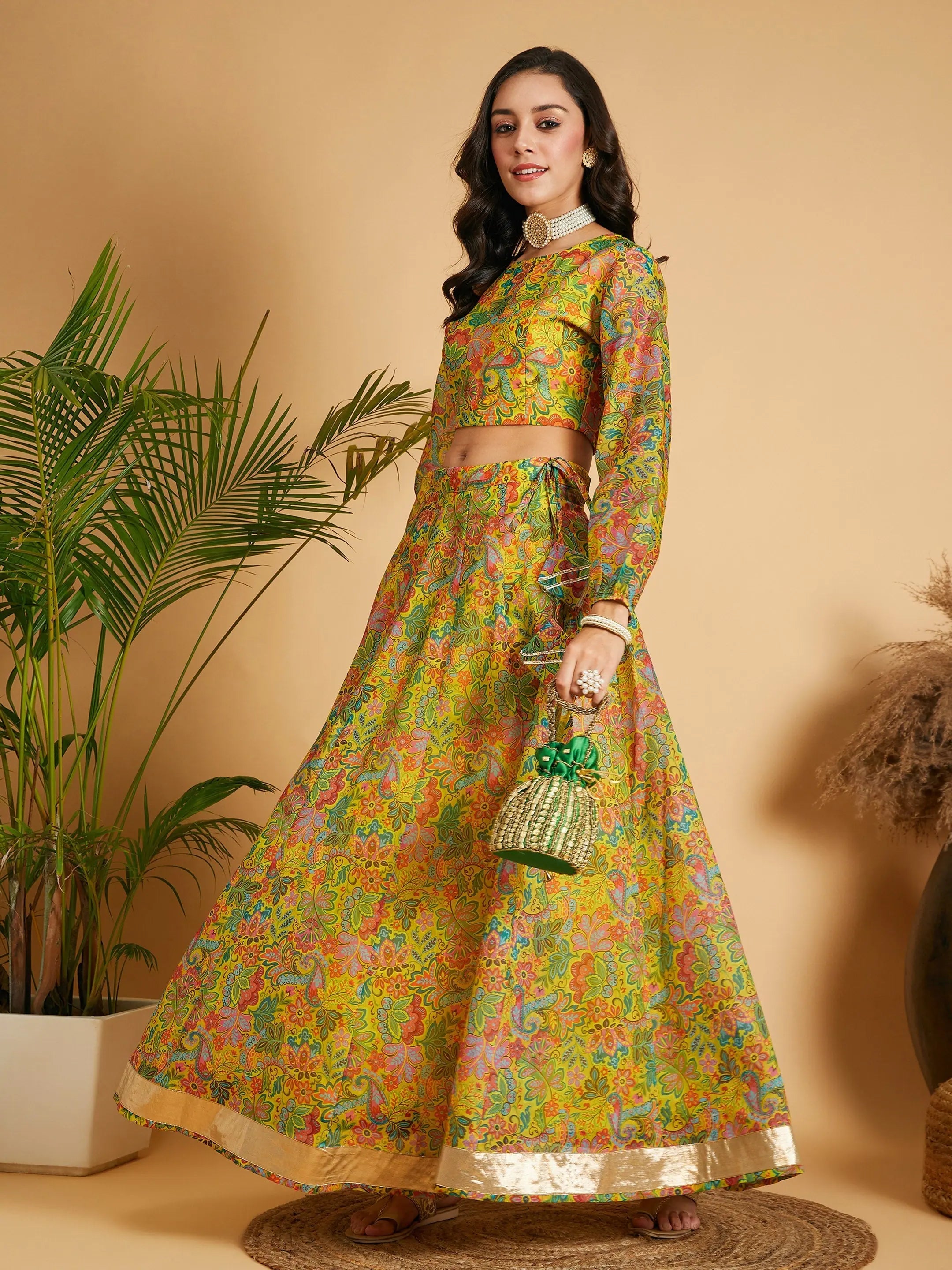 women's woven A-line skirts for summerWomen Lemon Yellow Floral Anarkali Skirt With Crop Top