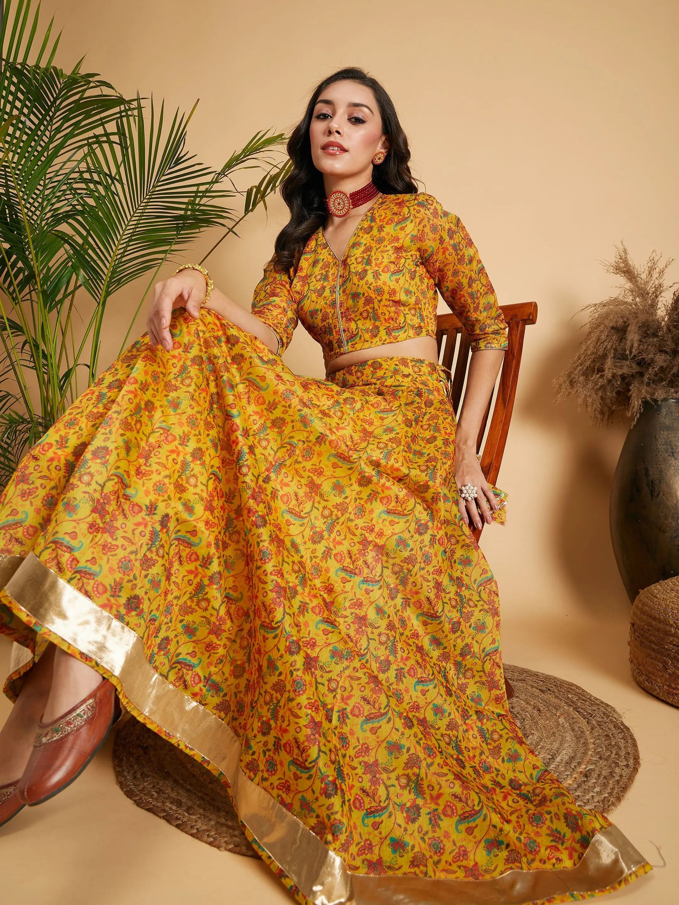 women's velvet wrap skirts for elegant eveningsWomen Mustard Floral Anarkali Skirt With Crop Top