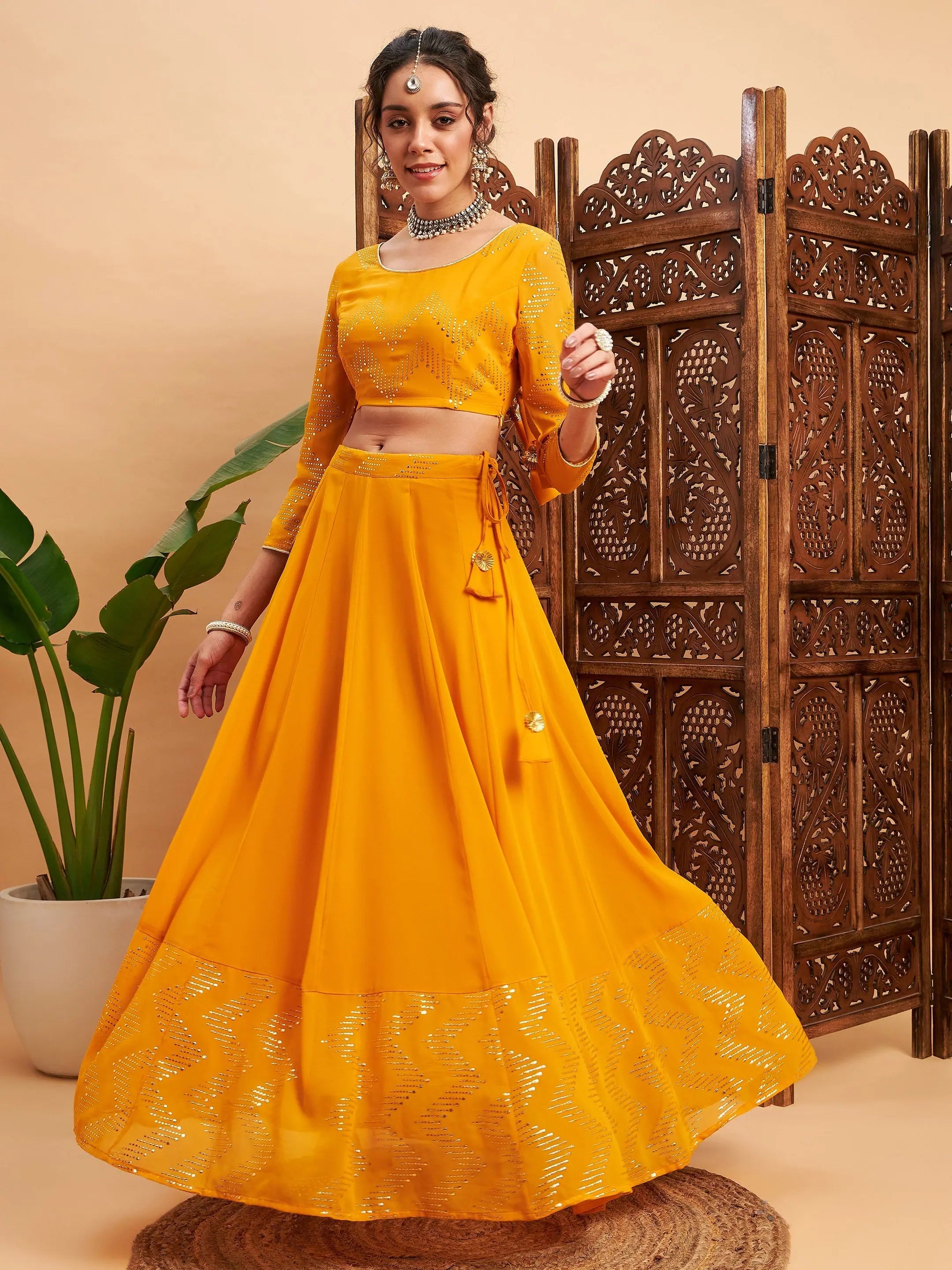 women's pajama-style formal skirtsWomen Mustard Mukaish Work Anarkali Skirt With Crop Top