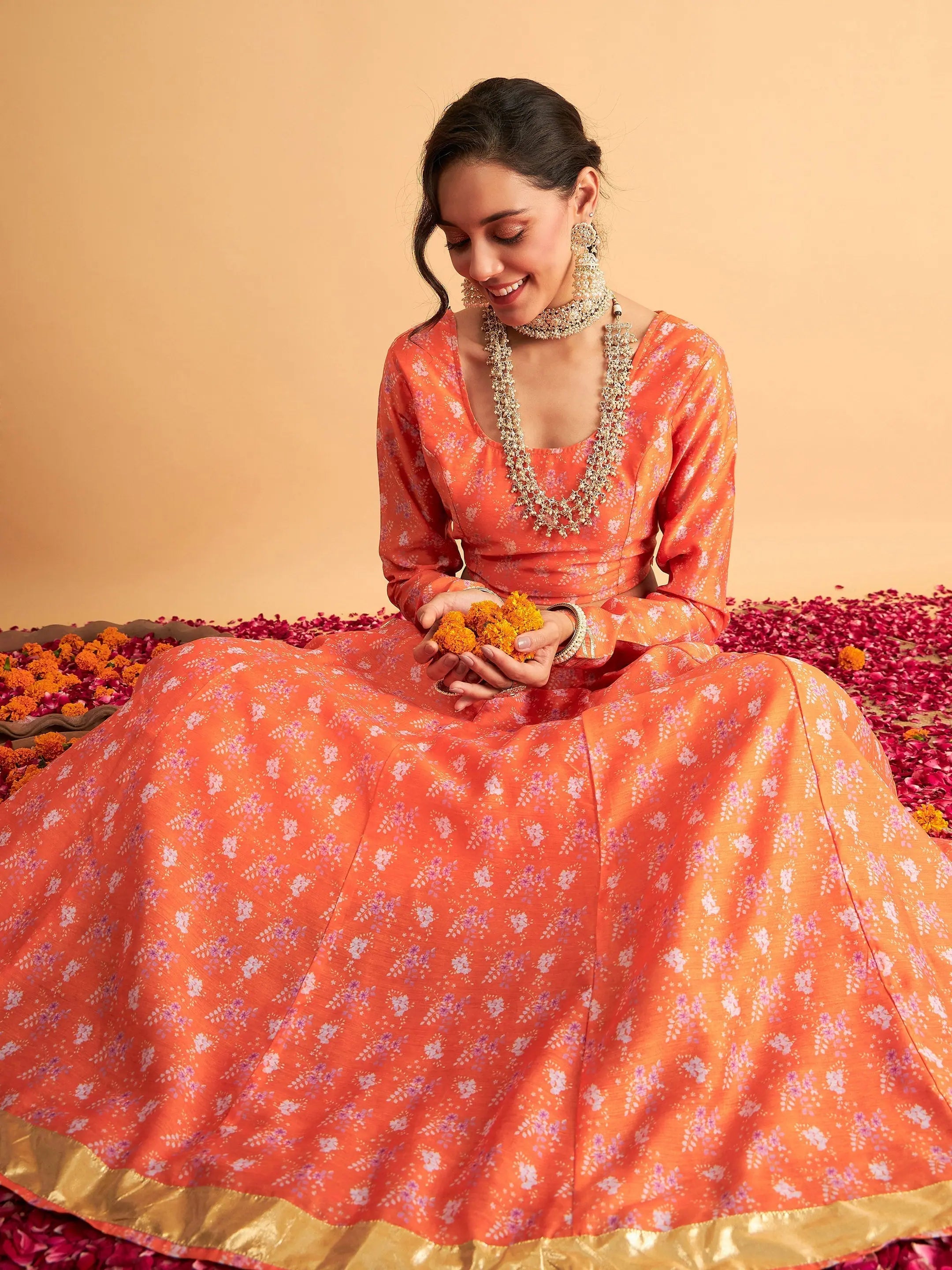 women's flowy midi skirts with pocketsWomen Orange Floral Anarkali Side Pocket Skirt With Crop Top