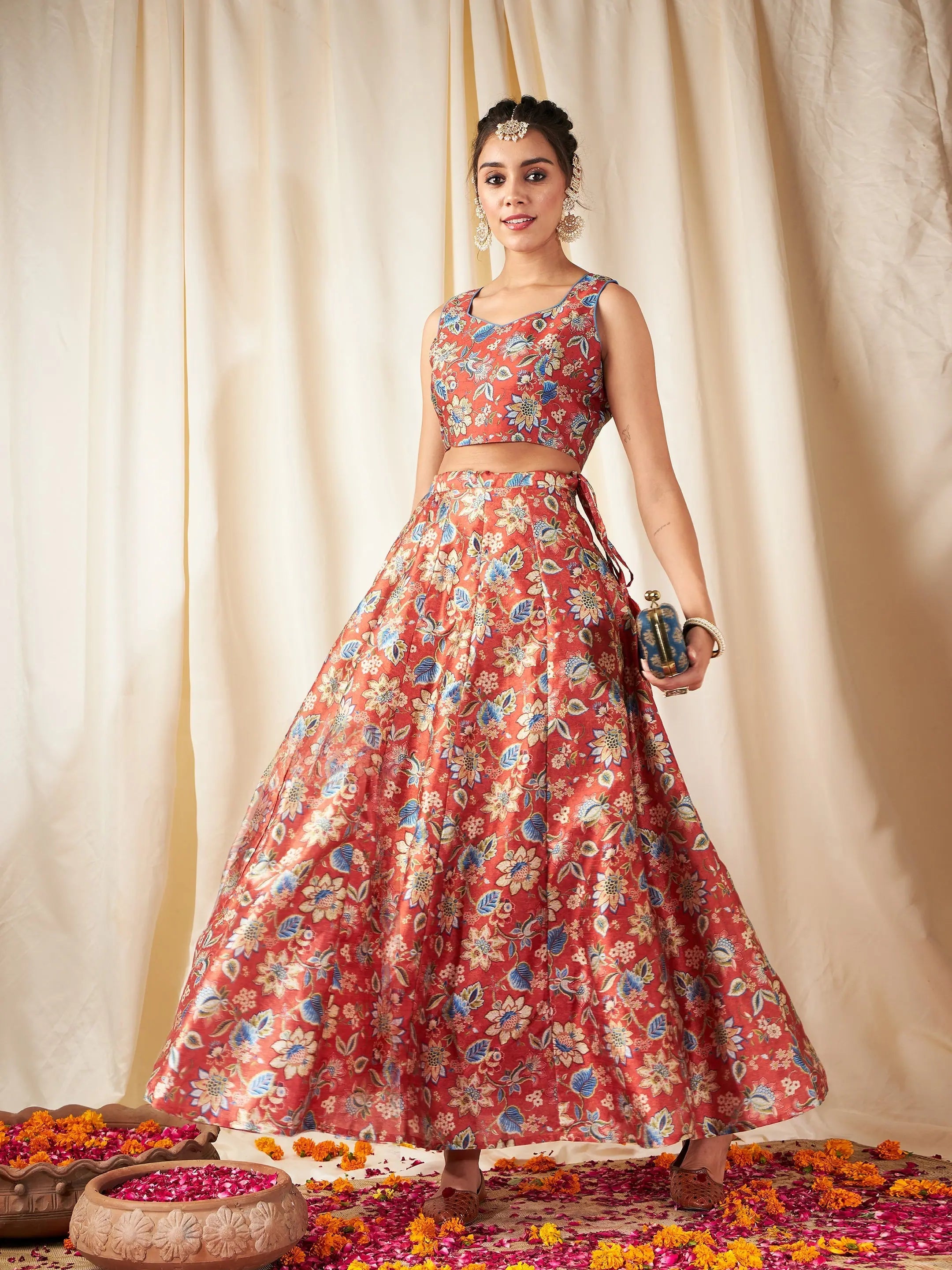 women's adventure-ready evening skirtsWomen Orange Floral Anarkali Skirt With Crop Top