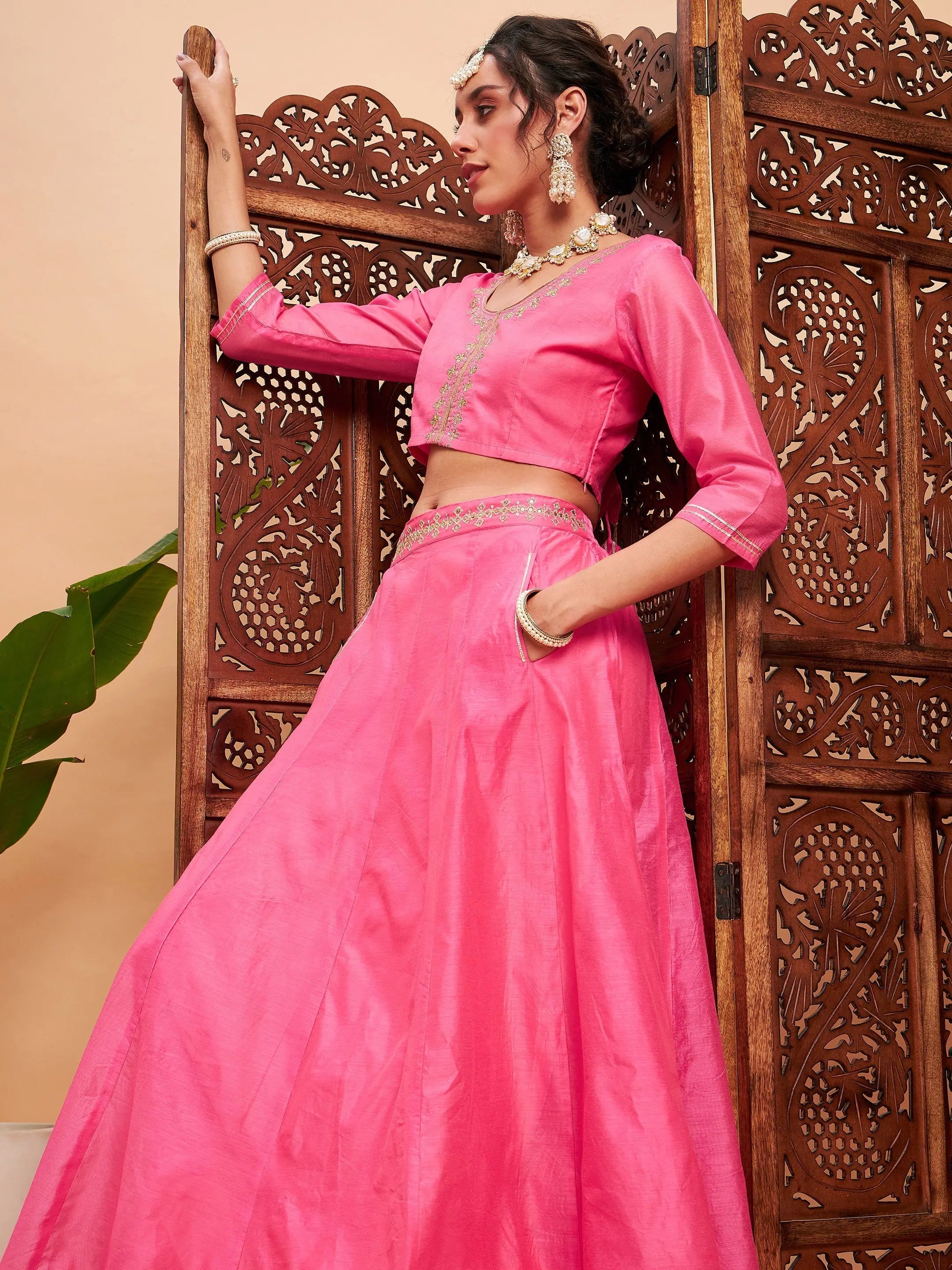 women's summer midi skirtsWomen Pink Embroidered Anarkali Skirt With Crop Top