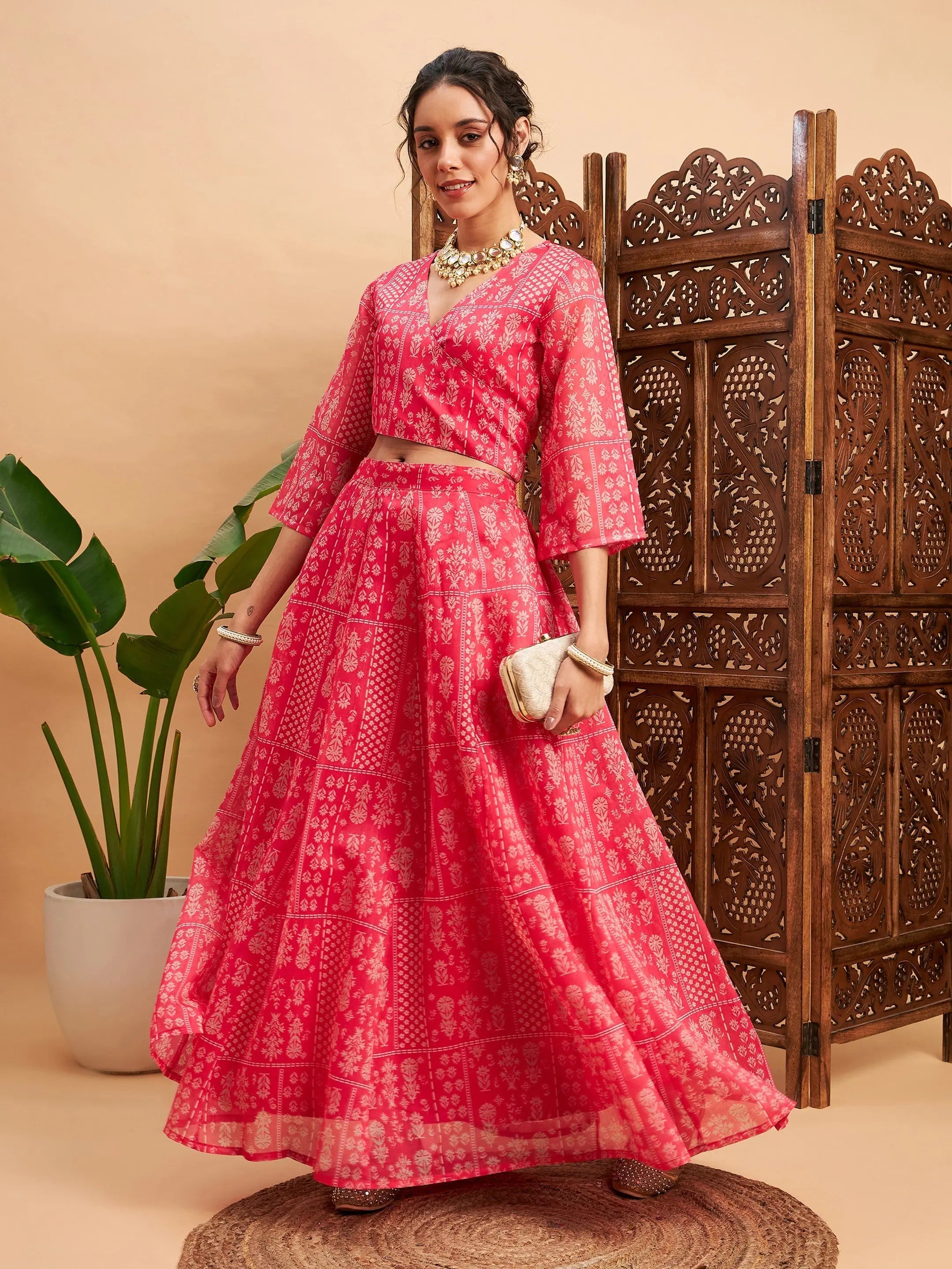 women's everyday casual skirtsWomen Pink Floral Anarkali Skirt With Wrap Crop Top