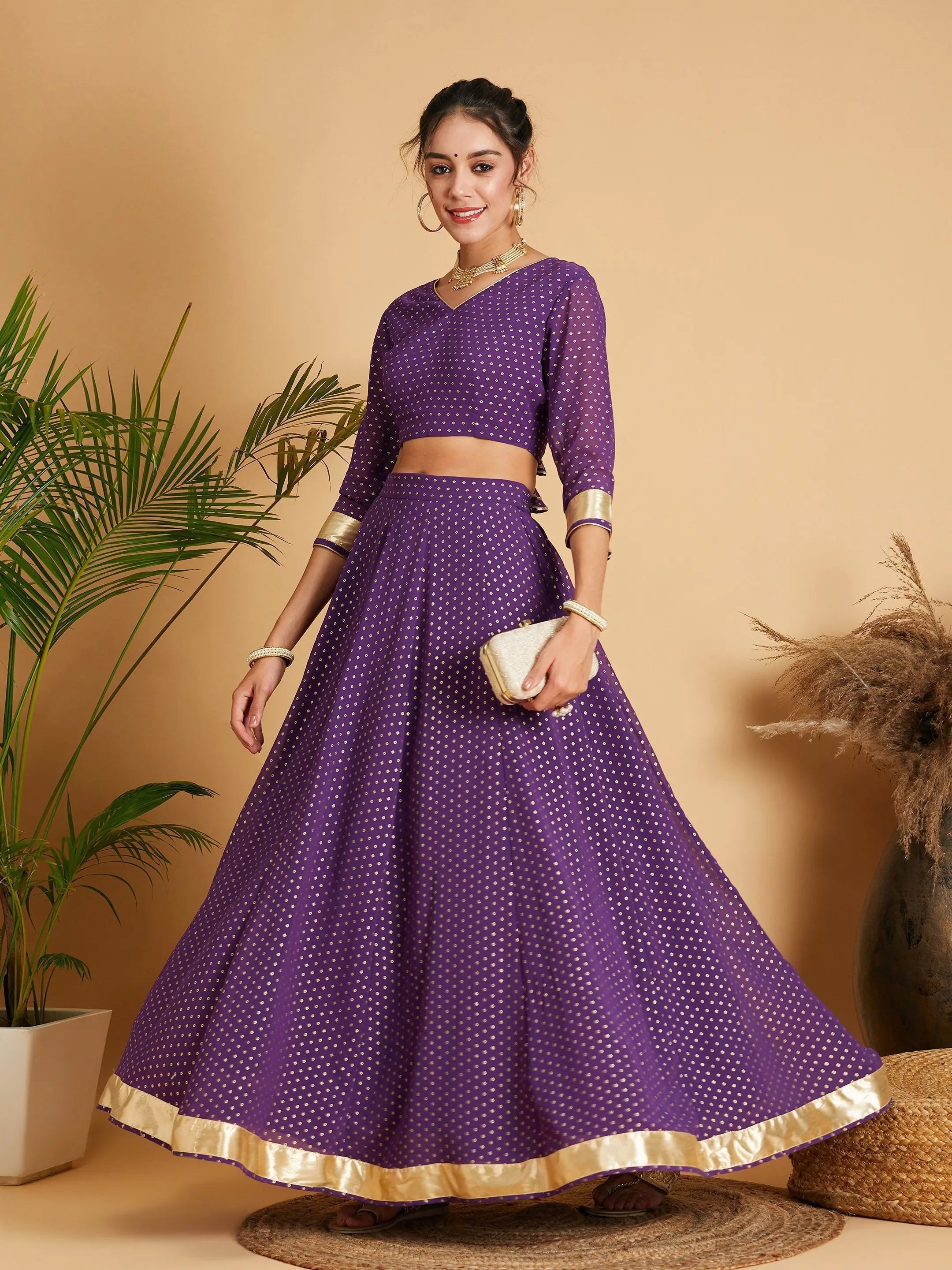 women's elastic-waisted skirts for pregnancyWomen Purple Dot Foil Print Anarkali Skirt With Crop Top