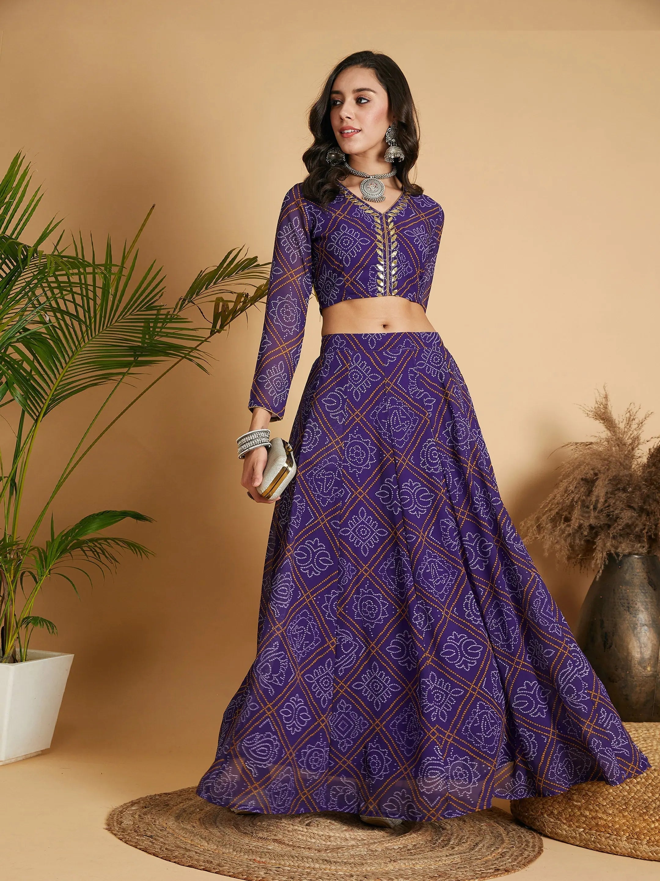 women's mini skirtsWomen Purple & White Bandhej Anarkali Skirt With Crop Top