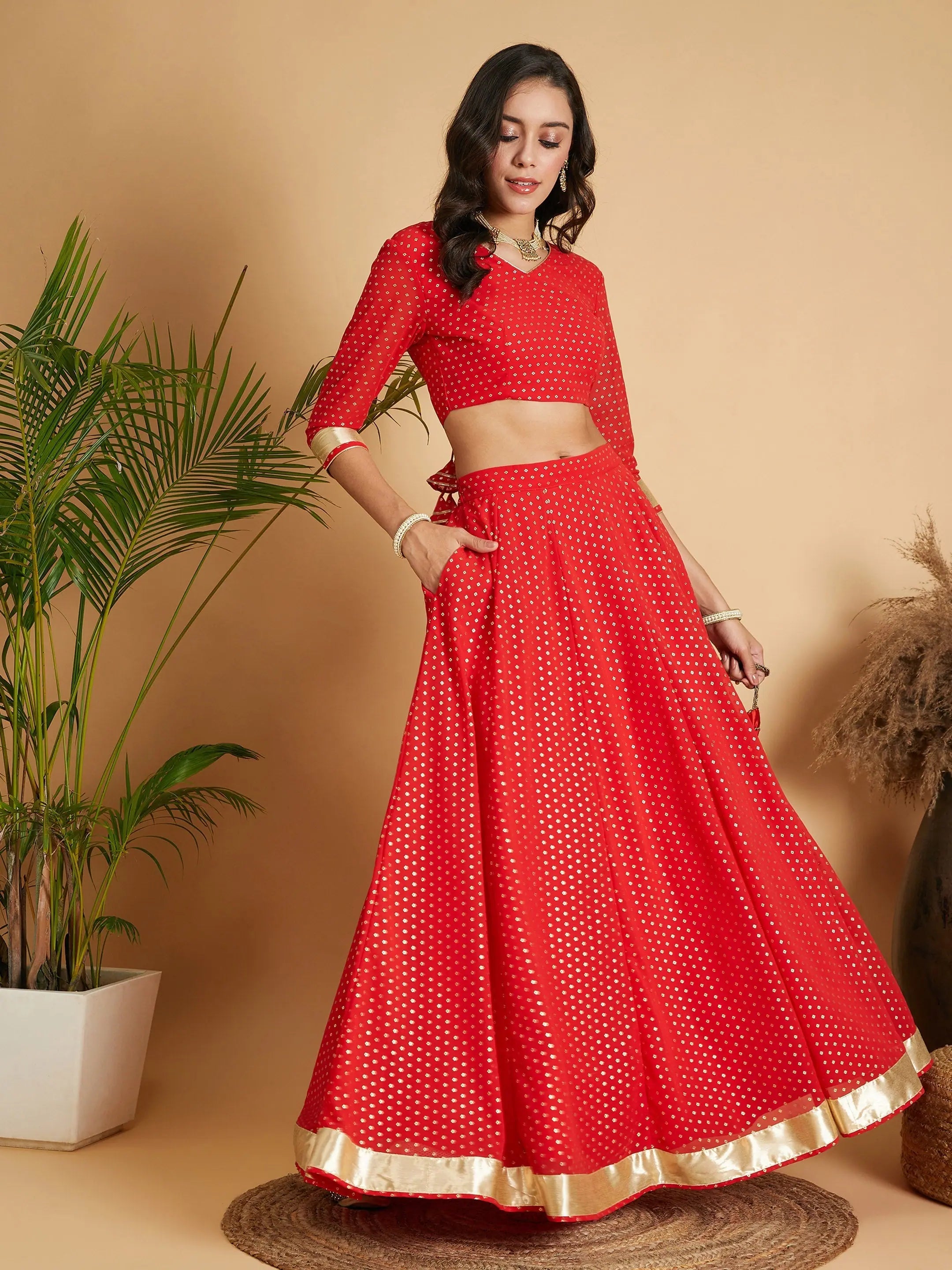 women's crochet maxi skirts for beach outingsWomen Red Dot Foil Print Anarkali Skirt With Crop Top